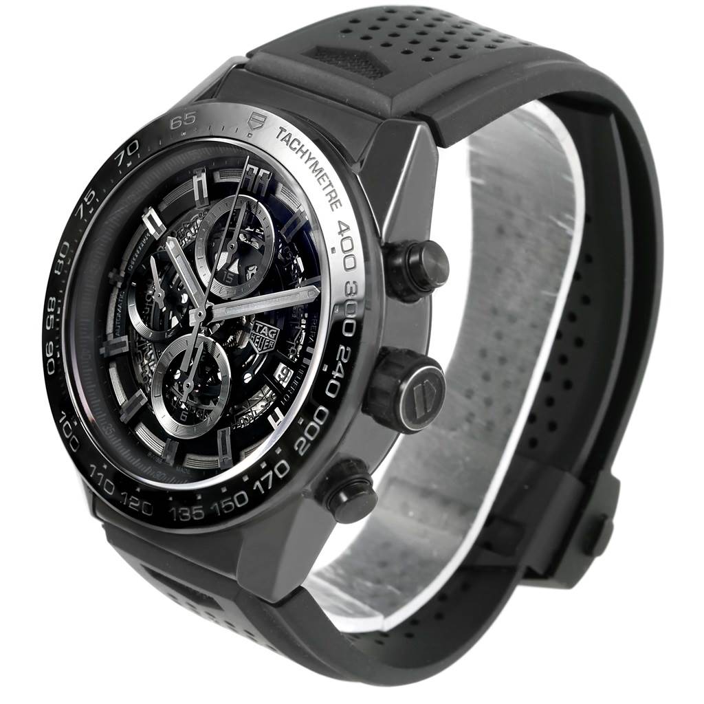 The picture shows a detailed close-up of a Tag Heuer Carrera CAR2A90.FT6071 Men
s Stainless Steel Black Dial CAR2A90.FT6071 Men
s Stainless Steel Black Dial watch from a three-quarter angle, showcasing the face, bezel, and strap.