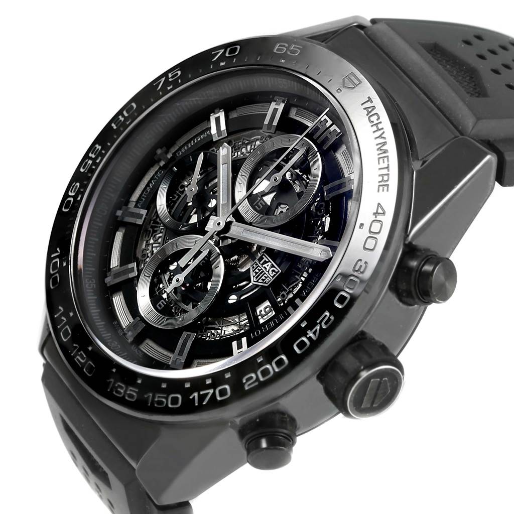 This Tag Heuer Carrera CAR2A90.FT6071 Men
s Stainless Steel Black Dial CAR2A90.FT6071 Men
s Stainless Steel Black Dial watch is shown at an oblique angle, showcasing its dials, bezel, and side buttons.