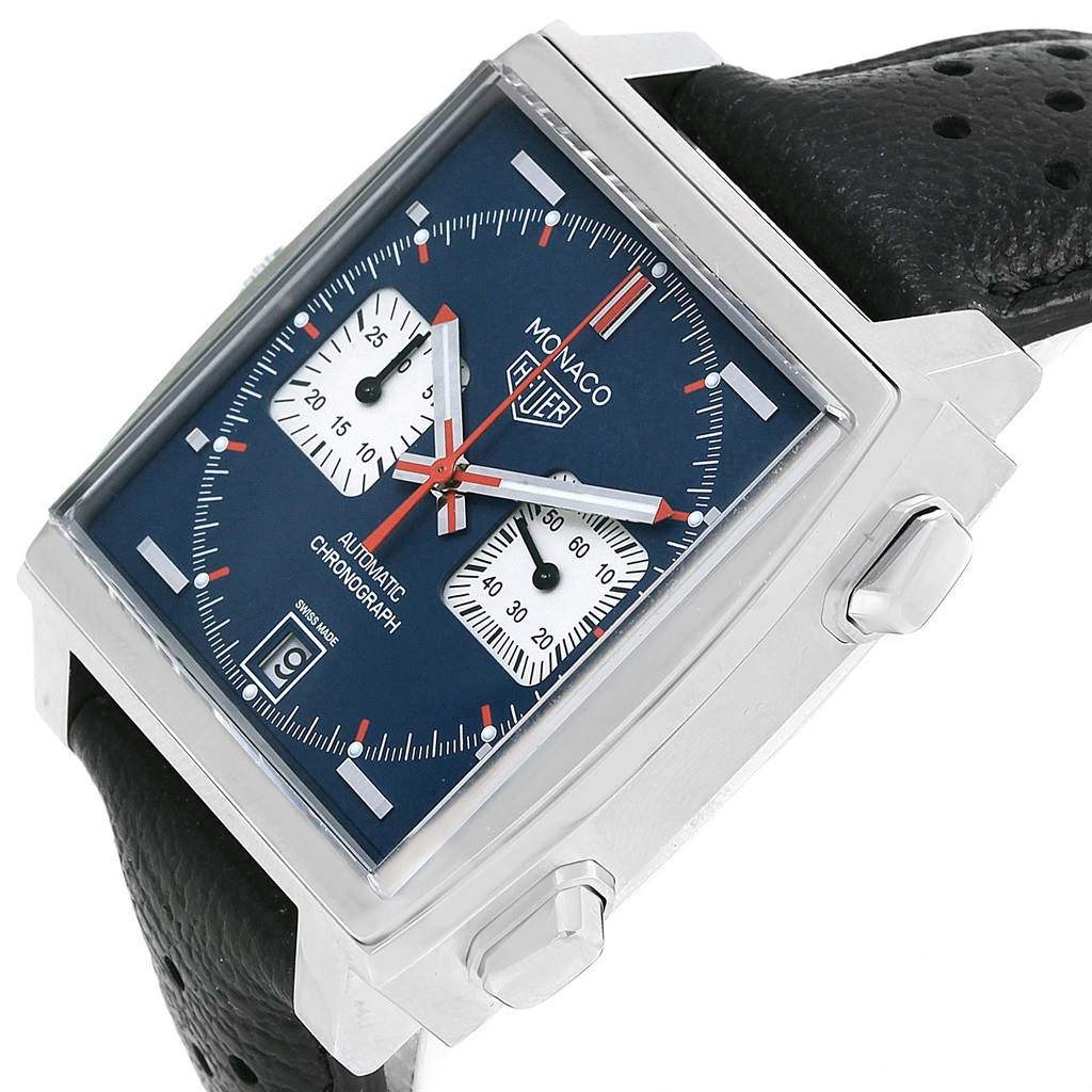 The image shows a front, slightly angled view of a Tag Heuer Monaco CAW211P Men's Stainless Steel Blue Dial CAW211P Men's Stainless Steel Blue Dial watch, revealing its square dial, chronograph subdials, and leather strap.