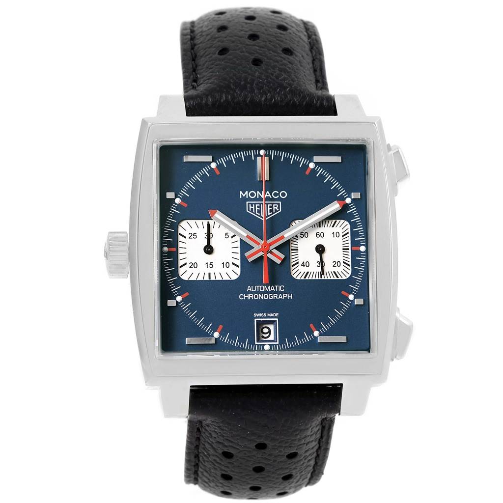 The image shows the face and strap of a Tag Heuer Monaco CAW211P Men's Stainless Steel Blue Dial CAW211P Men's Stainless Steel Blue Dial watch at a straight-on angle.
