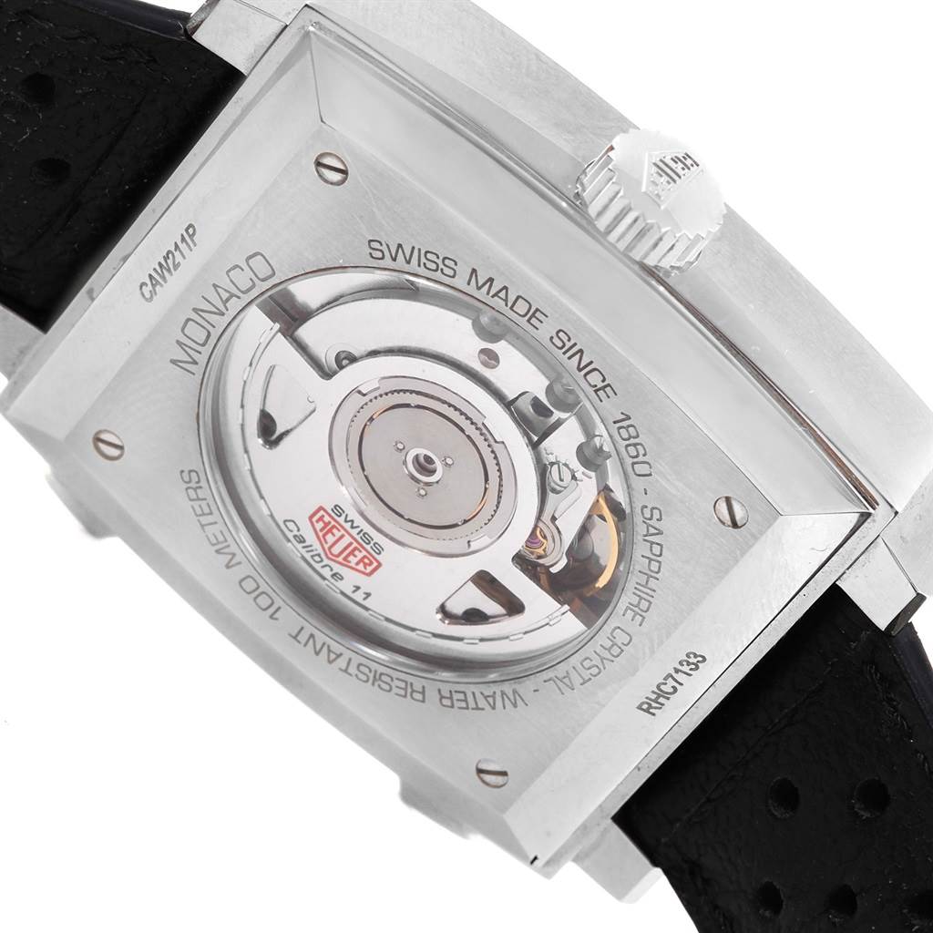 The image shows the movement and case back of a Tag Heuer Monaco CAW211P Men's Stainless Steel Blue Dial CAW211P Men's Stainless Steel Blue Dial watch viewed from the rear angle.