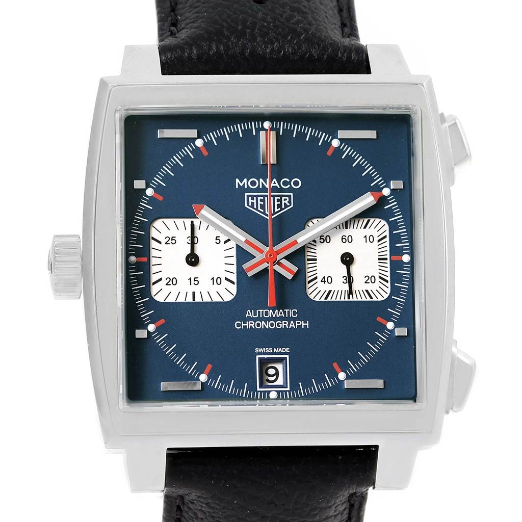The Tag Heuer Monaco CAW211P Men's Stainless Steel Blue Dial CAW211P Men's Stainless Steel Blue Dial watch is shown from the front, highlighting its blue dial, two subdials, and black leather strap.