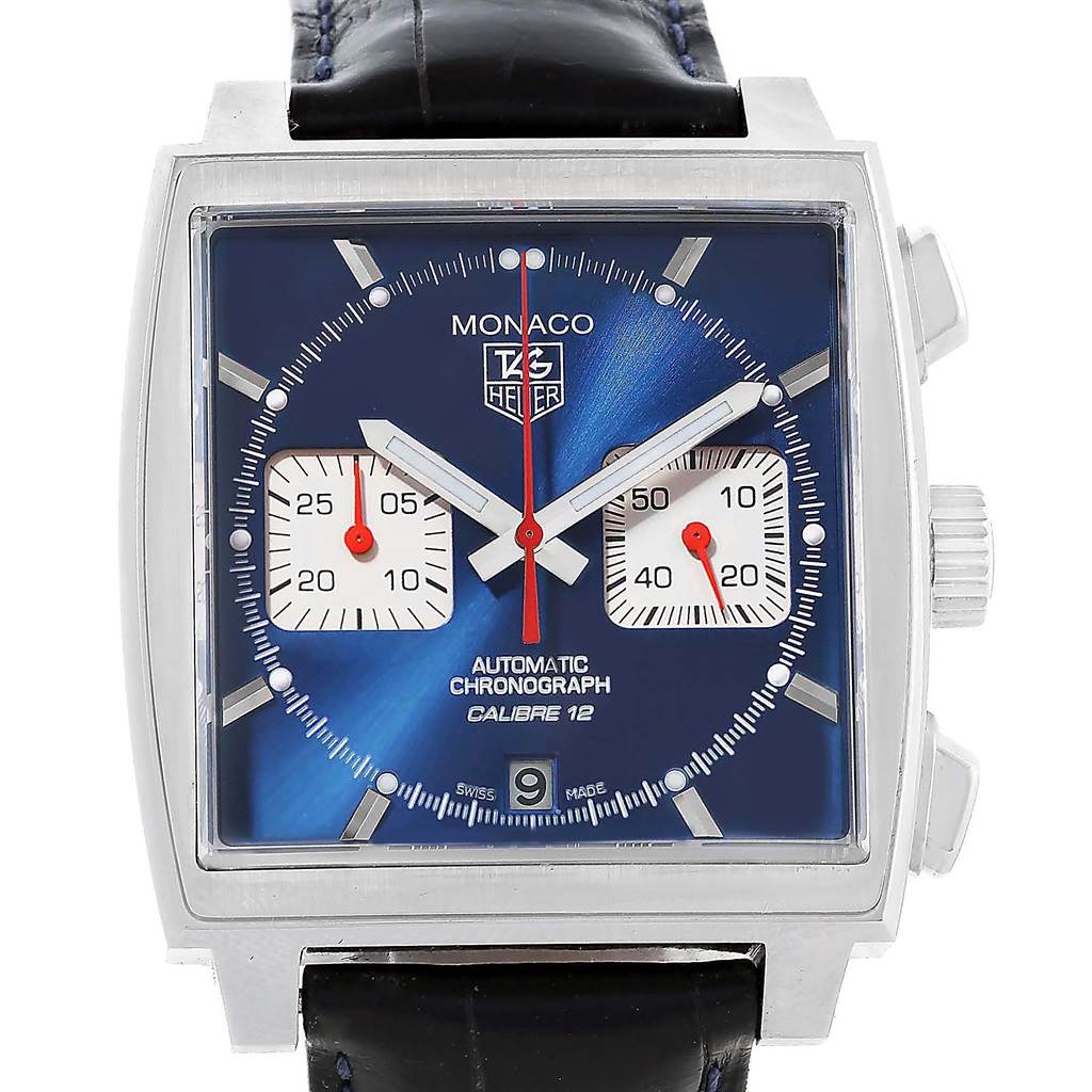 The image shows the front view of a Tag Heuer Monaco CAW2111 Men's Stainless Steel Blue Dial CAW2111 Men's Stainless Steel Blue Dial watch, highlighting its blue dial and square case.