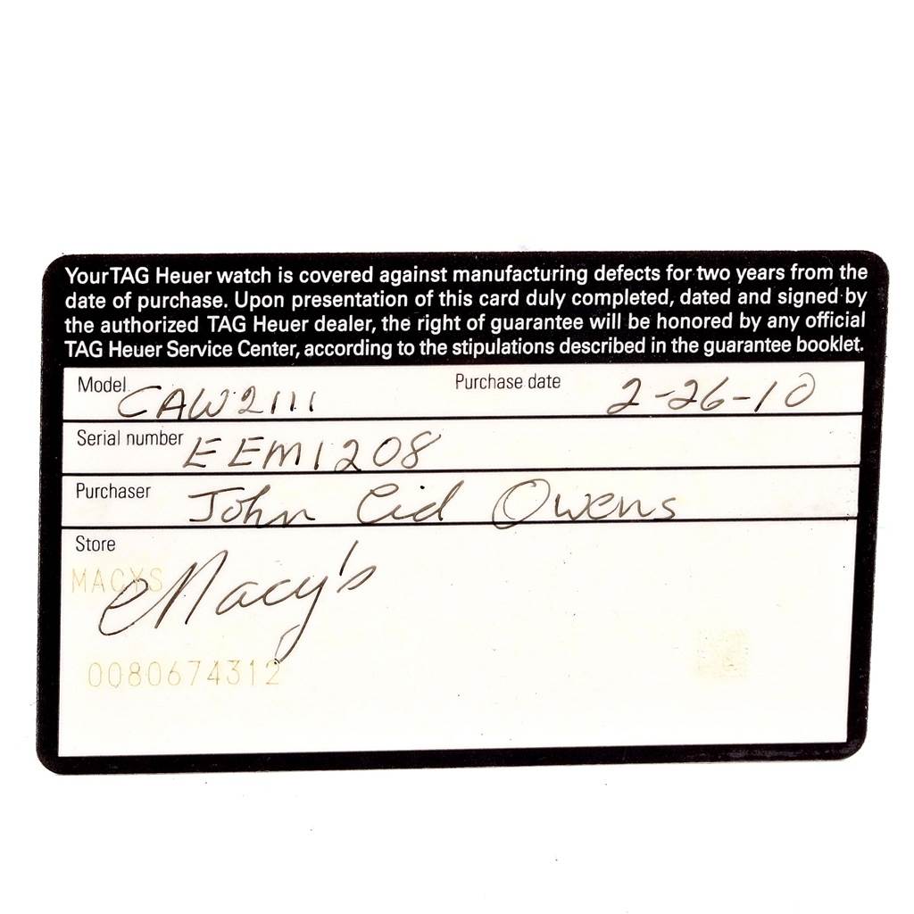 The image shows a warranty card for the Tag Heuer Monaco CAW2111 Men's Stainless Steel Blue Dial CAW2111 Men's Stainless Steel Blue Dial model CAW2111, including purchase details.