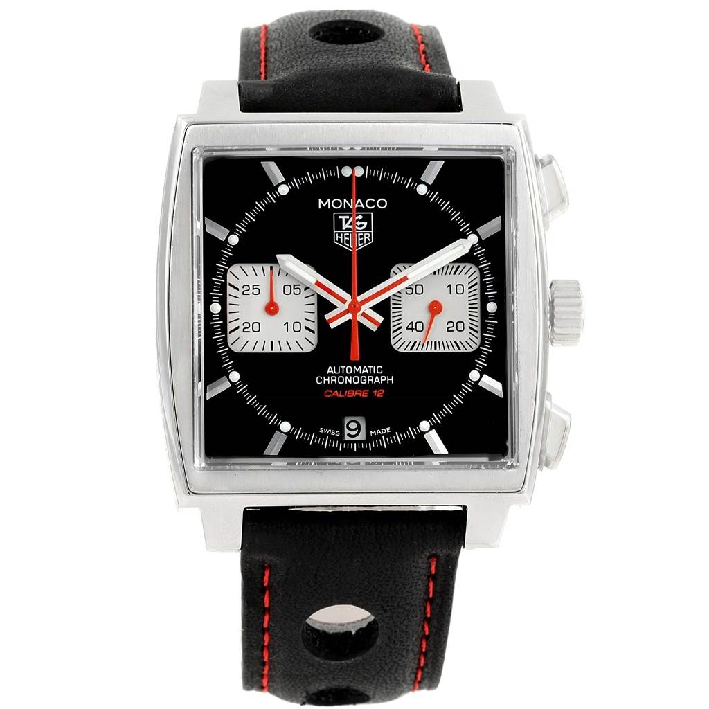 The image shows a front view of a Tag Heuer Monaco CAW2114 Men's Stainless Steel Black Dial CAW2114 Men's Stainless Steel Black Dial watch, displaying the face, bezel, and part of the leather strap.