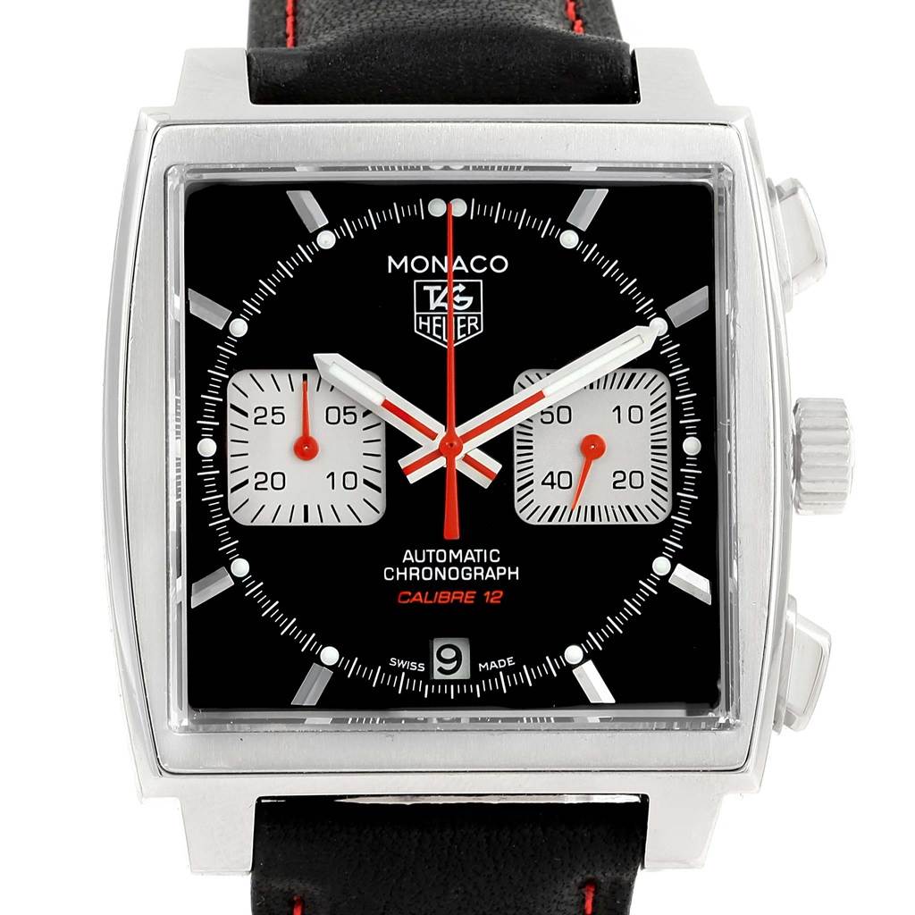 This image shows a front view of a Tag Heuer Monaco CAW2114 Men's Stainless Steel Black Dial CAW2114 Men's Stainless Steel Black Dial watch, highlighting its black dial, sub-dials, date window, and chronograph pushers.