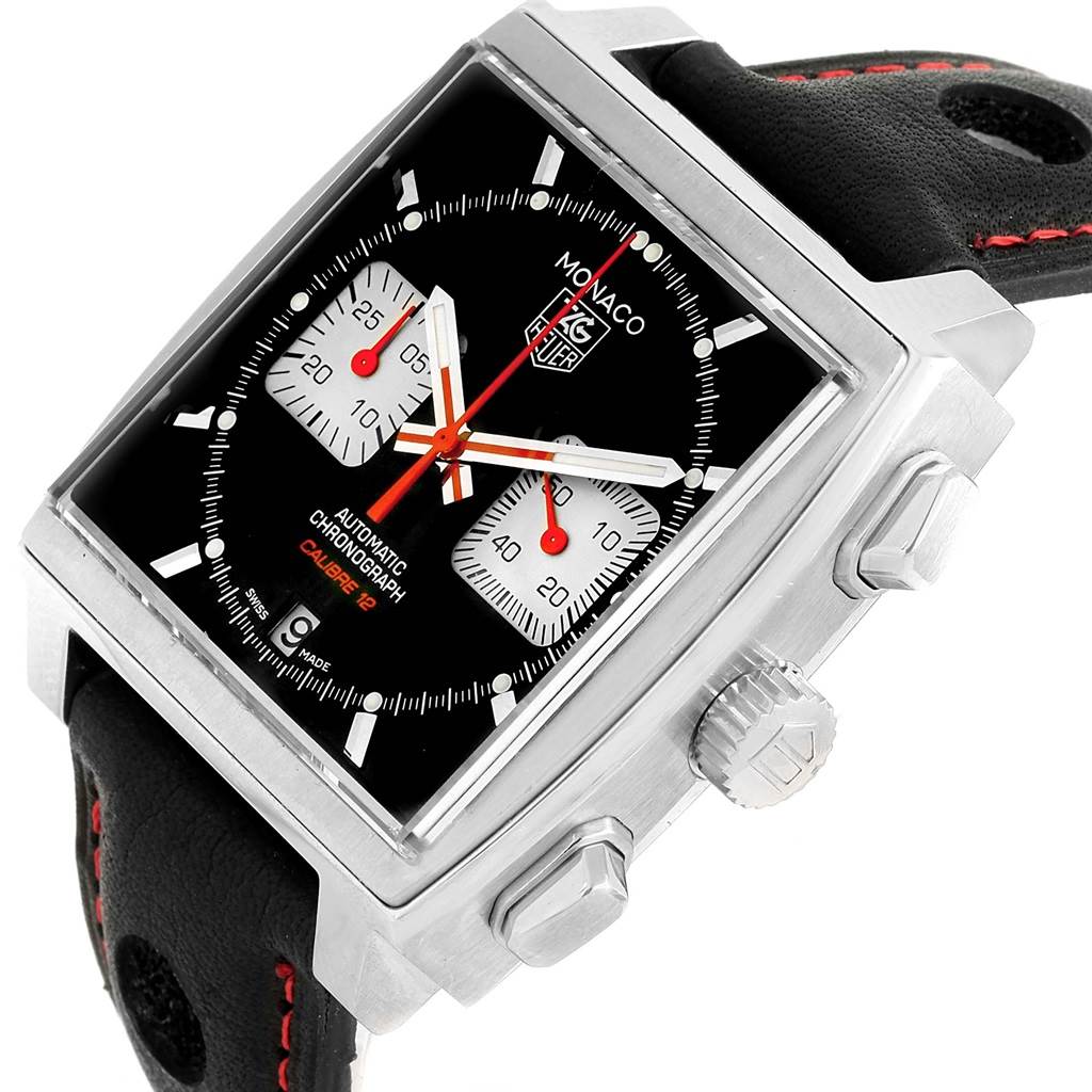 The image shows a Tag Heuer Monaco CAW2114 Men's Stainless Steel Black Dial CAW2114 Men's Stainless Steel Black Dial watch at an angled side view, highlighting the crown, pushers, and part of the strap.