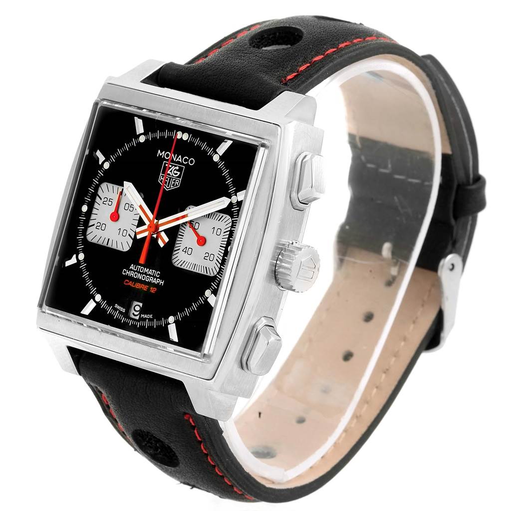 This image shows a Tag Heuer Monaco CAW2114 Men's Stainless Steel Black Dial CAW2114 Men's Stainless Steel Black Dial watch from an angled front view, displaying its square dial, chronograph buttons, and leather strap.