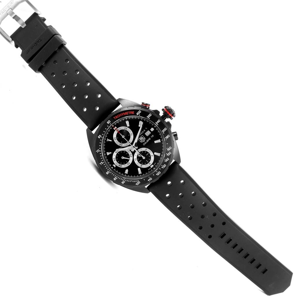 The image shows the top view of a Tag Heuer Formula 1 CAZ2011.FT8024 Men's Titanium Black Dial CAZ2011.FT8024 Men's Titanium Black Dial watch, featuring its face, bezel, and perforated black strap.