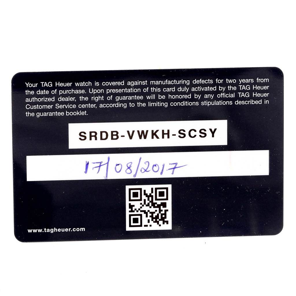This is the warranty card for the Tag Heuer Formula 1 CAZ2011.FT8024 Men's Titanium Black Dial CAZ2011.FT8024 Men's Titanium Black Dial watch, showing the serial number and purchase date.