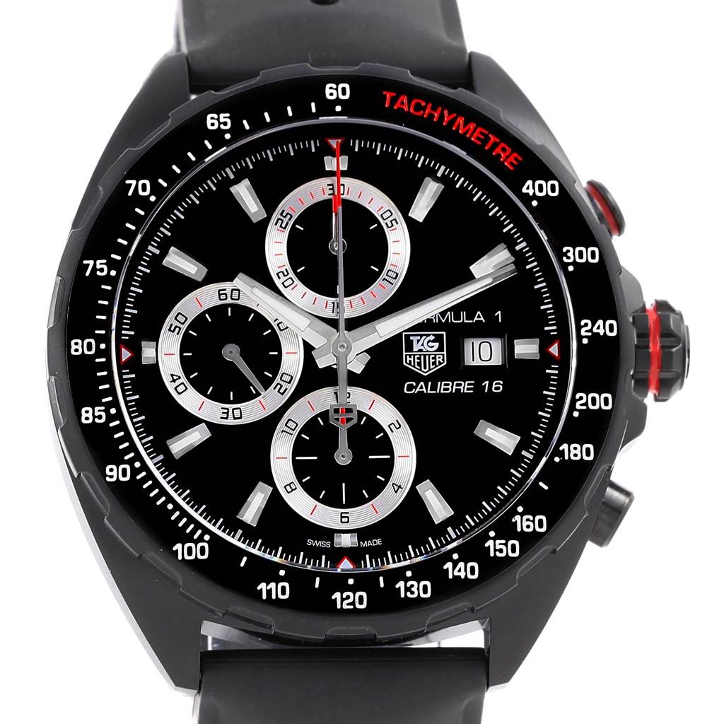 The image shows a front view of the Tag Heuer Formula 1 CAZ2011.FT8024 Men's Titanium Black Dial CAZ2011.FT8024 Men's Titanium Black Dial watch with detailed dials and a tachymeter.