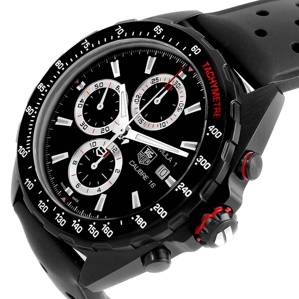 The image shows a side angle of the Tag Heuer Formula 1 CAZ2011.FT8024 Men's Titanium Black Dial CAZ2011.FT8024 Men's Titanium Black Dial watch, displaying its face, tachymeter, and chronograph subdials.