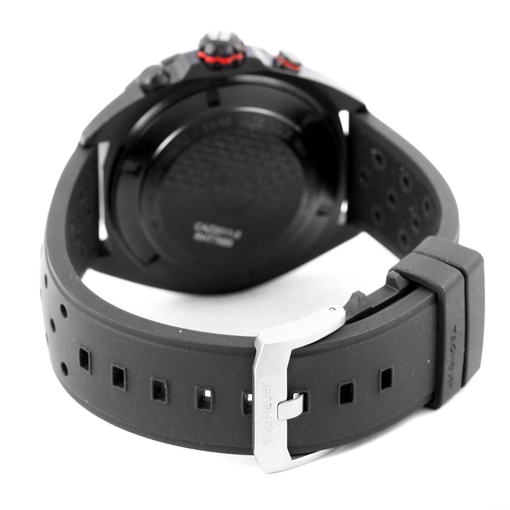 The image shows the rear view of a Tag Heuer Formula 1 CAZ2011.FT8024 Men's Titanium Black Dial CAZ2011.FT8024 Men's Titanium Black Dial watch, focusing on the case back, strap, and buckle.