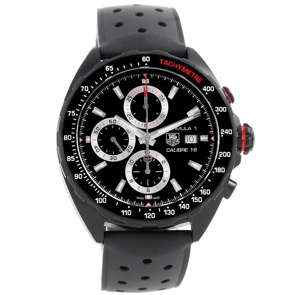 The image shows a front view of the Tag Heuer Formula 1 CAZ2011.FT8024 Men's Titanium Black Dial CAZ2011.FT8024 Men's Titanium Black Dial watch, highlighting its black dial with three subdials and a tachymeter bezel.