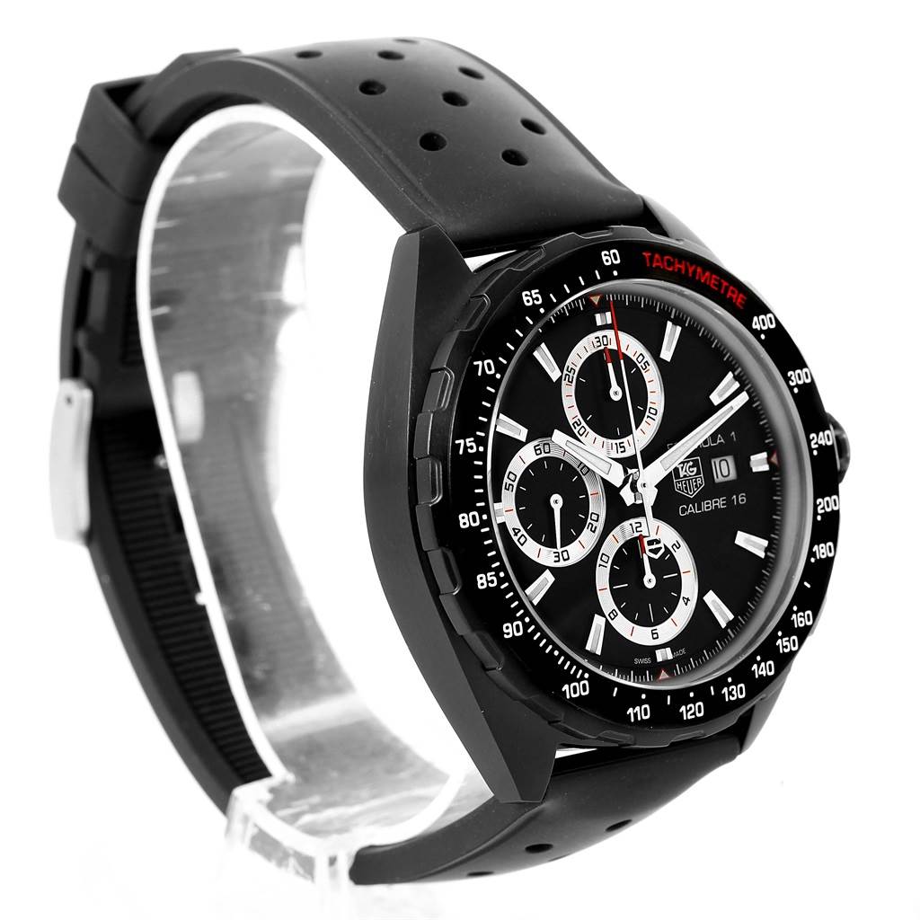 The Tag Heuer Formula 1 CAZ2011.FT8024 Men's Titanium Black Dial CAZ2011.FT8024 Men's Titanium Black Dial watch is shown at an angle highlighting its black dial, chronograph sub-dials, and perforated strap.