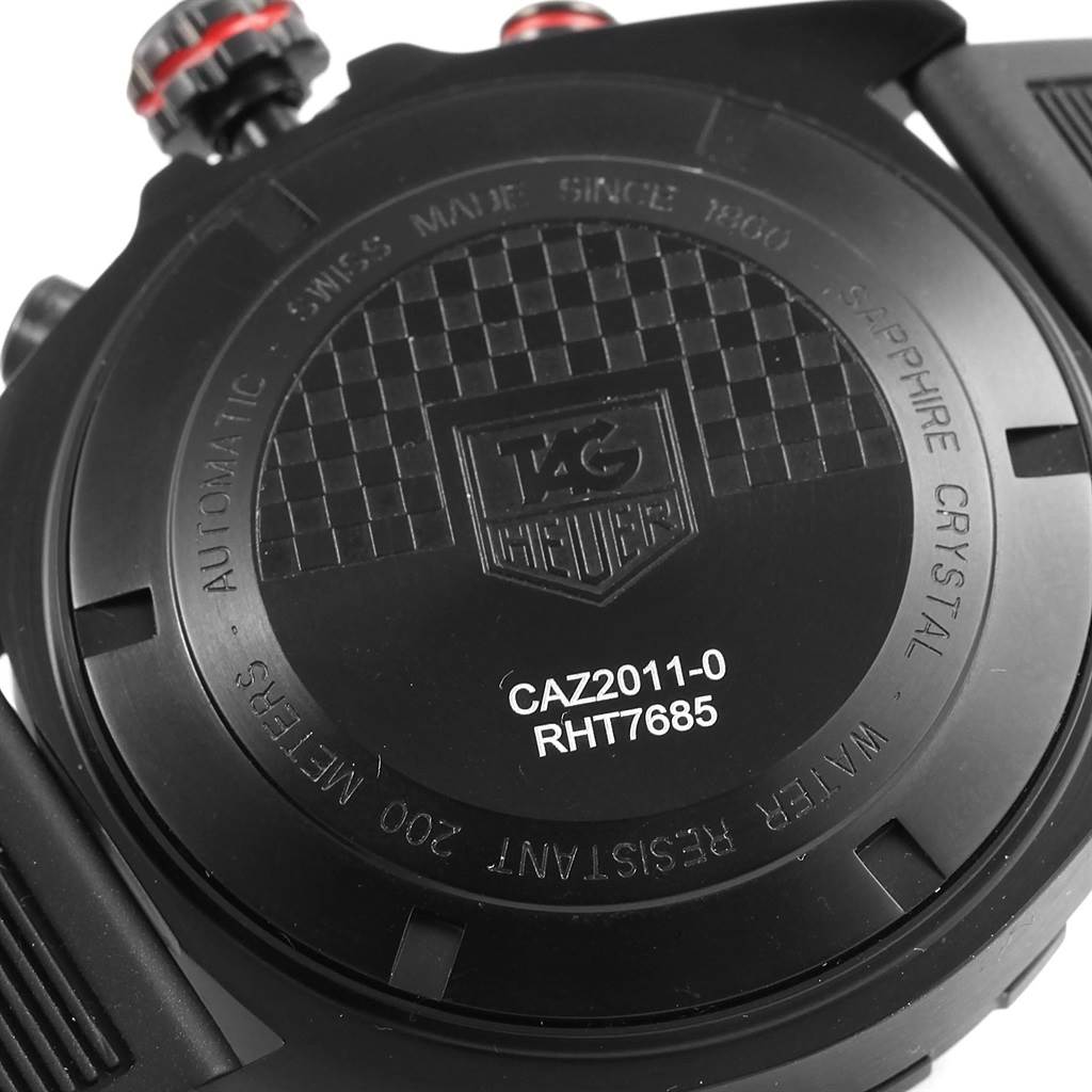The image shows the back case of a Tag Heuer Formula 1 CAZ2011.FT8024 Men's Titanium Black Dial CAZ2011.FT8024 Men's Titanium Black Dial watch, highlighting details like the brand logo, model, and specifications.