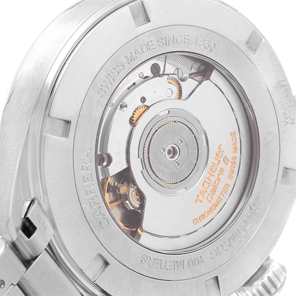 The image shows the back view of the Tag Heuer Carrera WAR5010.BA0723 Men
s Stainless Steel Black Dial WAR5010.BA0723 Men
s Stainless Steel Black Dial watch, highlighting its automatic movement.