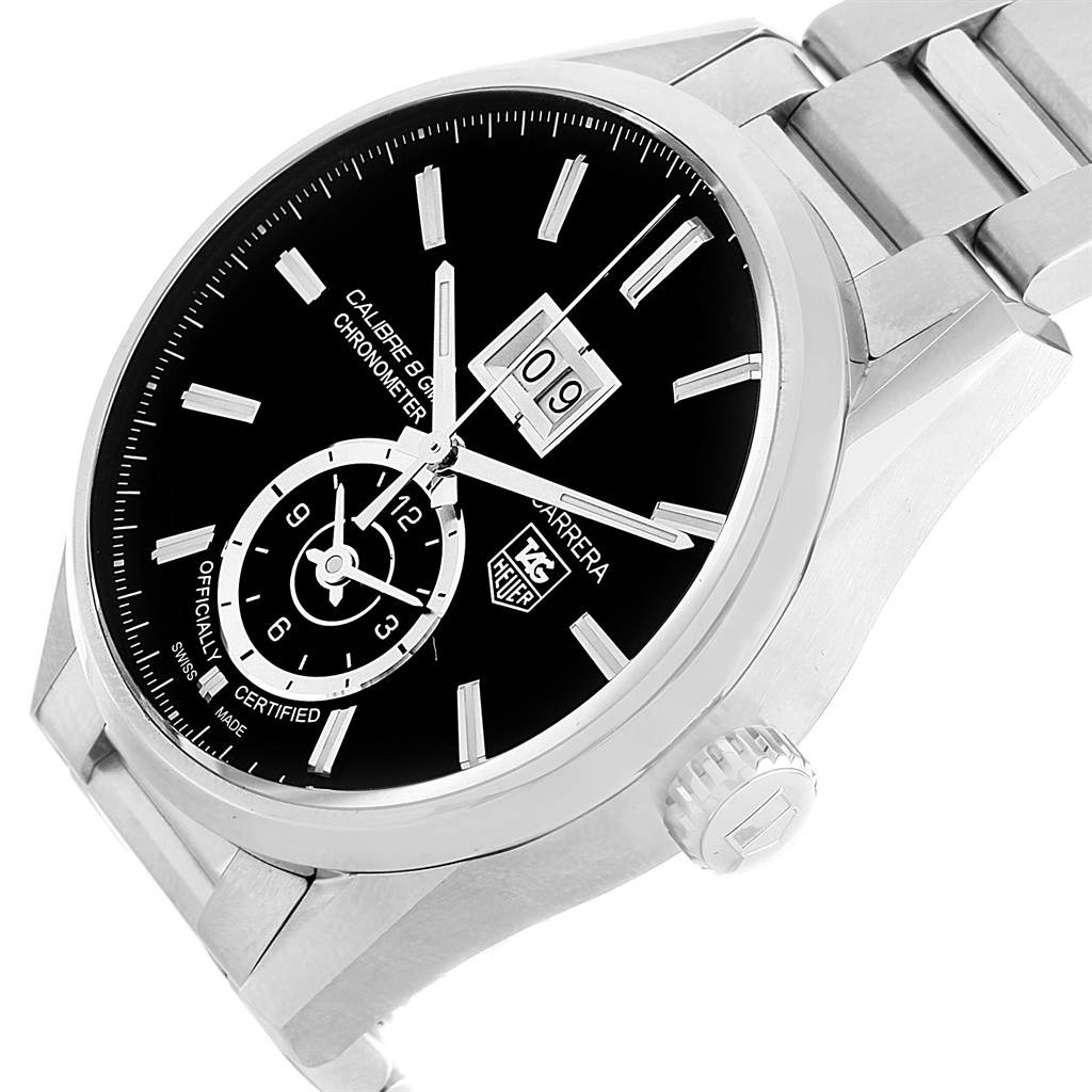 The image shows a Tag Heuer Carrera WAR5010.BA0723 Men
s Stainless Steel Black Dial WAR5010.BA0723 Men
s Stainless Steel Black Dial model watch from a three-quarter angle, displaying the dial, crown, and part of the bracelet.