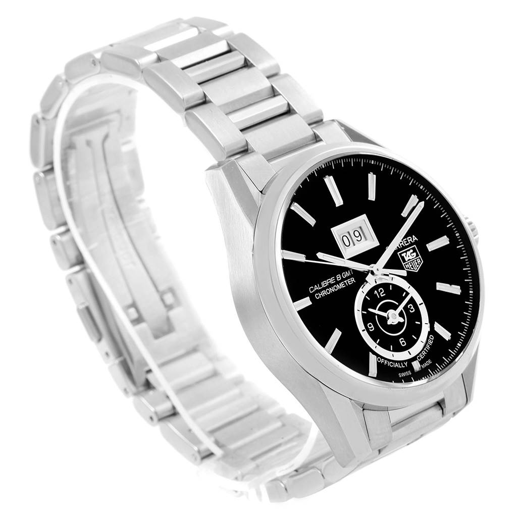 The Tag Heuer Carrera WAR5010.BA0723 Men
s Stainless Steel Black Dial WAR5010.BA0723 Men
s Stainless Steel Black Dial watch is shown from a side angle, displaying its black dial, bracelet band, and case.