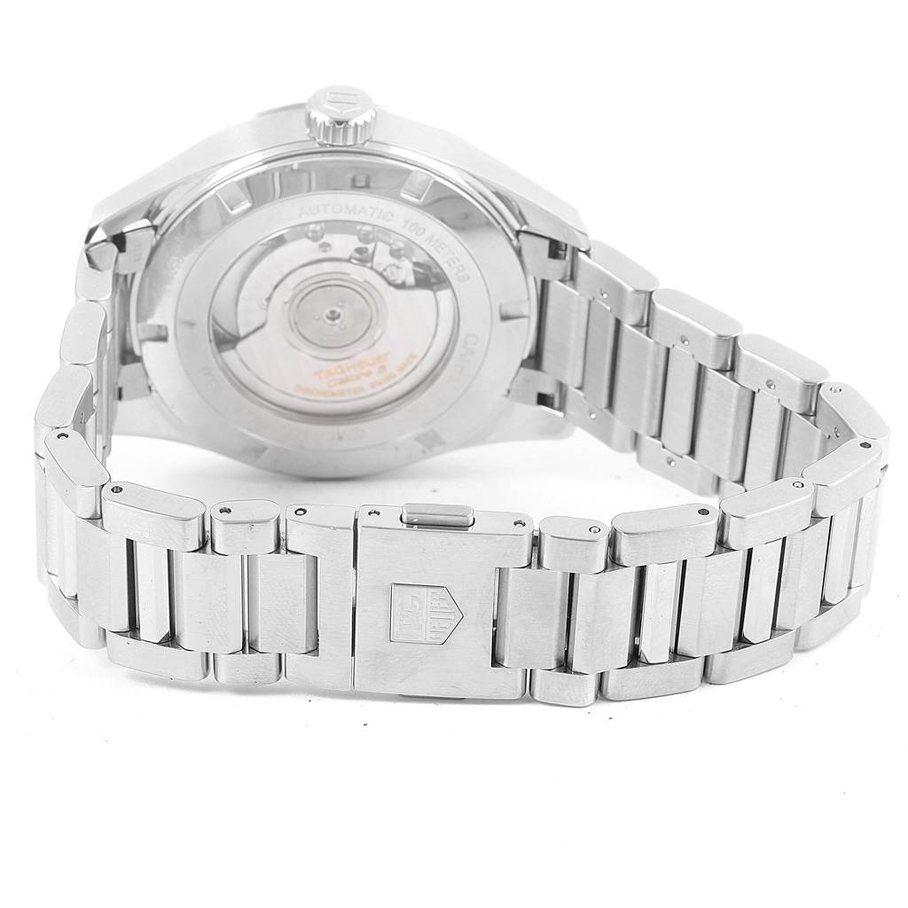 The image shows the back angle of the Tag Heuer Carrera WAR5010.BA0723 Men
s Stainless Steel Black Dial WAR5010.BA0723 Men
s Stainless Steel Black Dial watch, highlighting the bracelet and the transparent case back.