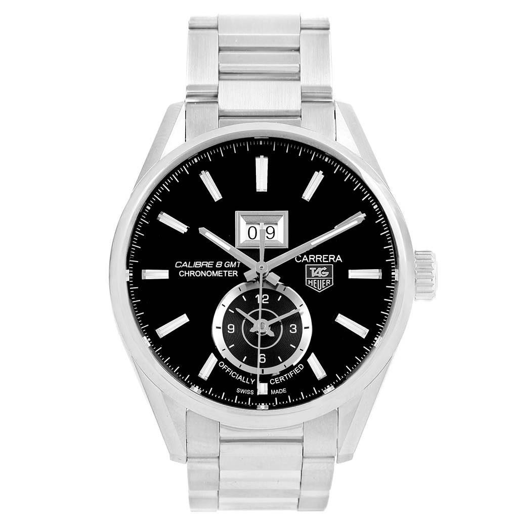 The image shows a Tag Heuer Carrera WAR5010.BA0723 Men
s Stainless Steel Black Dial WAR5010.BA0723 Men
s Stainless Steel Black Dial watch from a front angle, featuring a black dial, date display, and stainless steel bracelet.
