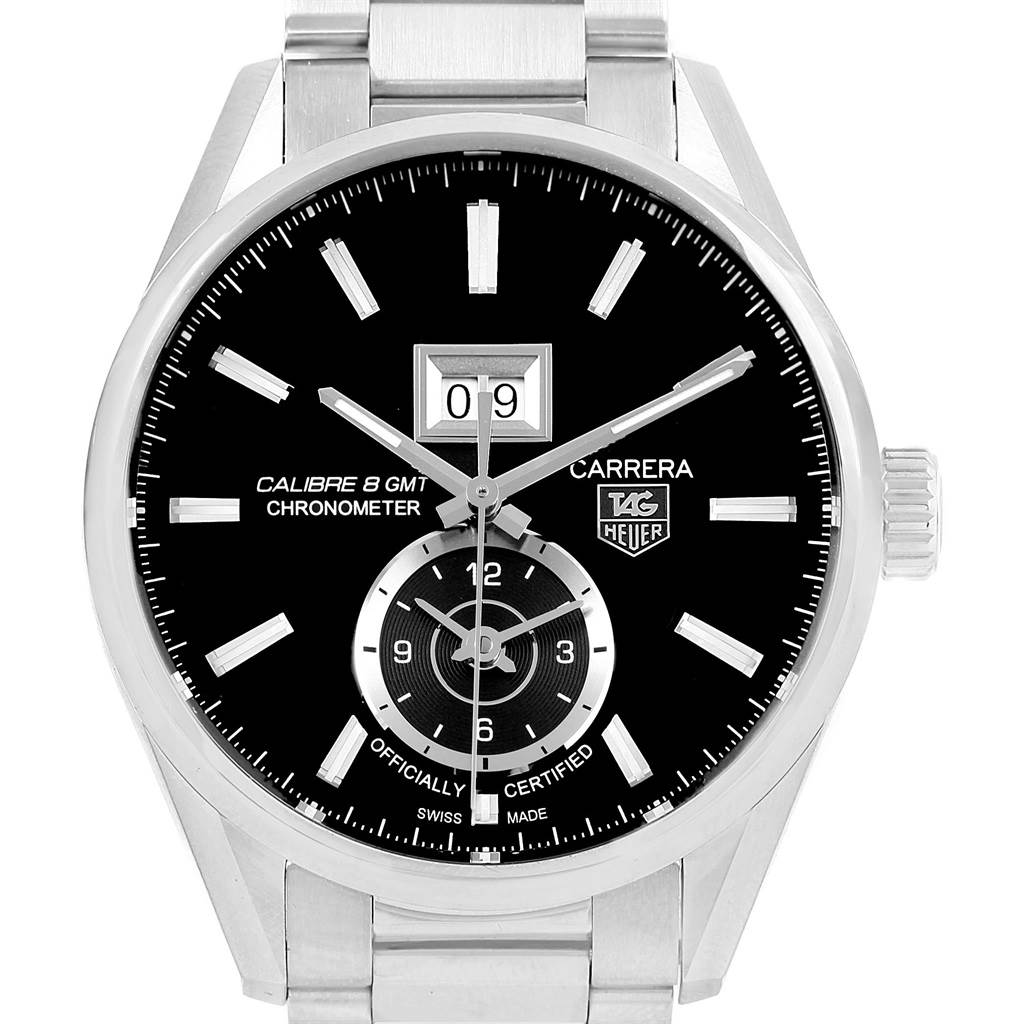 The image shows a front view of the Tag Heuer Carrera WAR5010.BA0723 Men
s Stainless Steel Black Dial WAR5010.BA0723 Men
s Stainless Steel Black Dial model watch, displaying its dial, date window, and chronometer markings.
