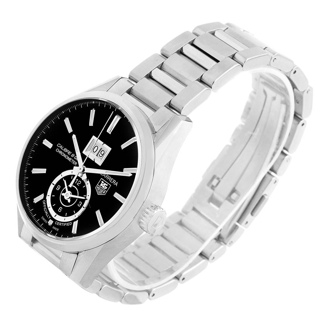 The image shows a Tag Heuer Carrera WAR5010.BA0723 Men
s Stainless Steel Black Dial WAR5010.BA0723 Men
s Stainless Steel Black Dial watch at a side angle, displaying its black dial, date window, and metal bracelet.