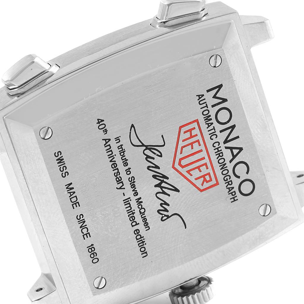 This image shows the case back of the Tag Heuer Monaco CAW211A.EB0026 Men's Stainless Steel Blue Dial CAW211A.EB0026 Men's Stainless Steel Blue Dial watch, highlighting the engravings and details.