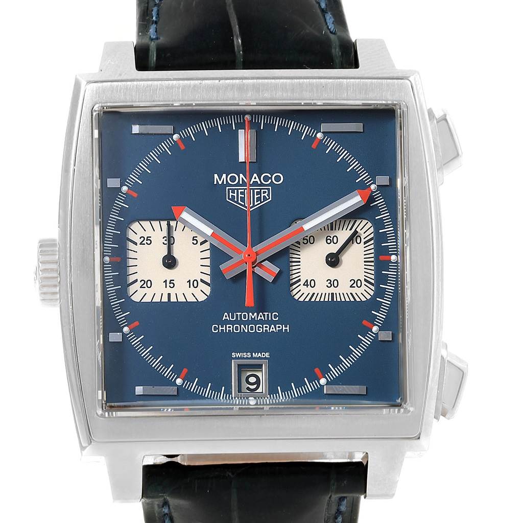 The image shows a front view of the Tag Heuer Monaco CAW211A.EB0026 Men's Stainless Steel Blue Dial CAW211A.EB0026 Men's Stainless Steel Blue Dial watch, highlighting its blue square dial, sub-dials, and date window.