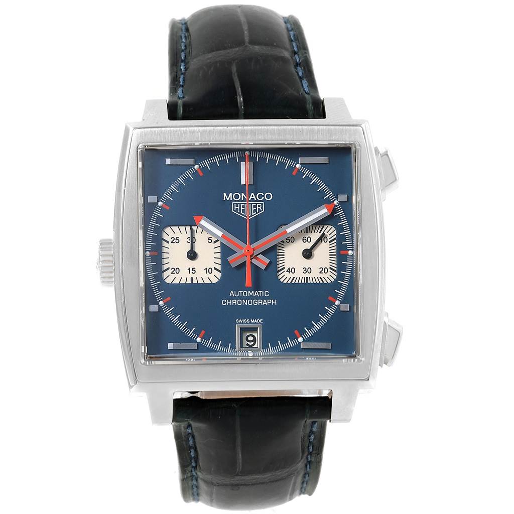 The image shows a front view of a Tag Heuer Monaco CAW211A.EB0026 Men's Stainless Steel Blue Dial CAW211A.EB0026 Men's Stainless Steel Blue Dial watch, highlighting the dial, crown, push buttons, and strap.