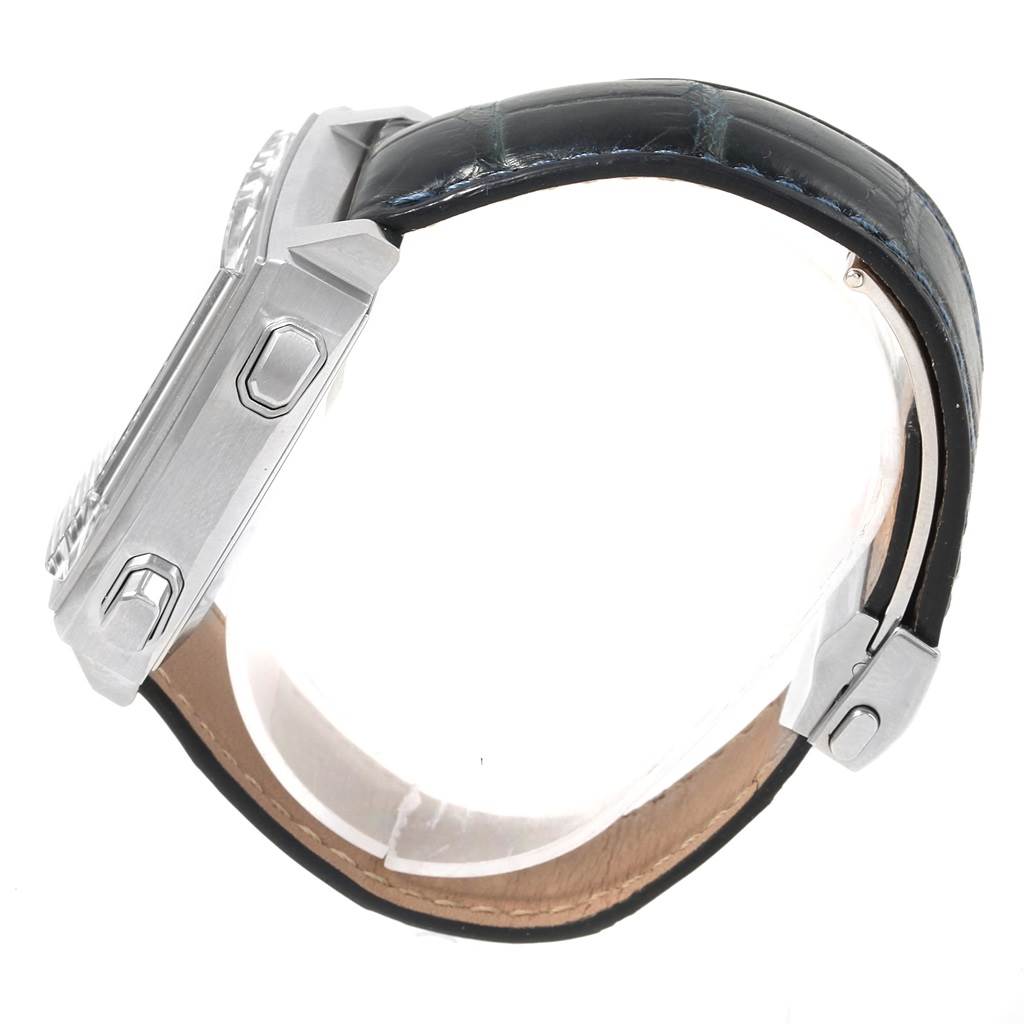 The image shows a side view of the Tag Heuer Monaco CAW211A.EB0026 Men's Stainless Steel Blue Dial CAW211A.EB0026 Men's Stainless Steel Blue Dial watch, focusing on the case, pushers, and leather strap with a deployment clasp.