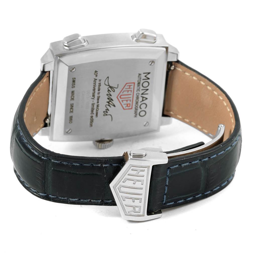 The image shows the back view of the Tag Heuer Monaco CAW211A.EB0026 Men's Stainless Steel Blue Dial CAW211A.EB0026 Men's Stainless Steel Blue Dial watch, highlighting the case back and leather strap.