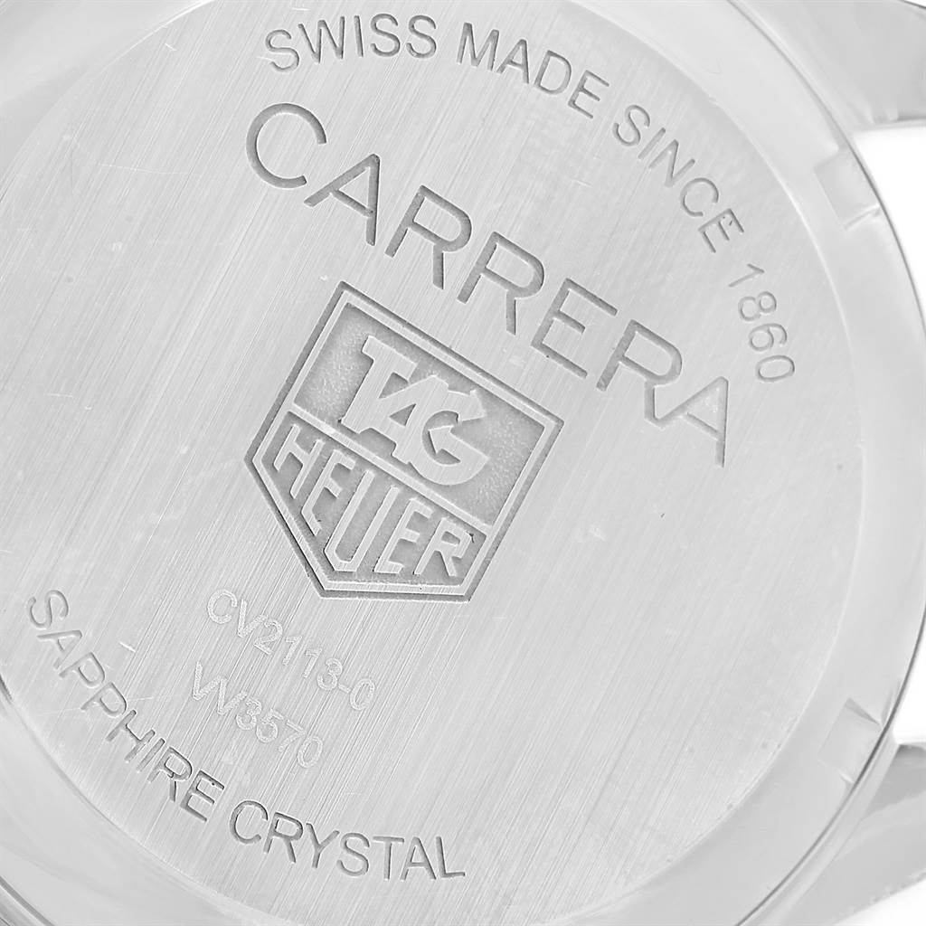 The image shows the back case of a Tag Heuer Carrera CV2113.FC6180 Men
s Stainless Steel Black Dial CV2113.FC6180 Men
s Stainless Steel Black Dial watch.