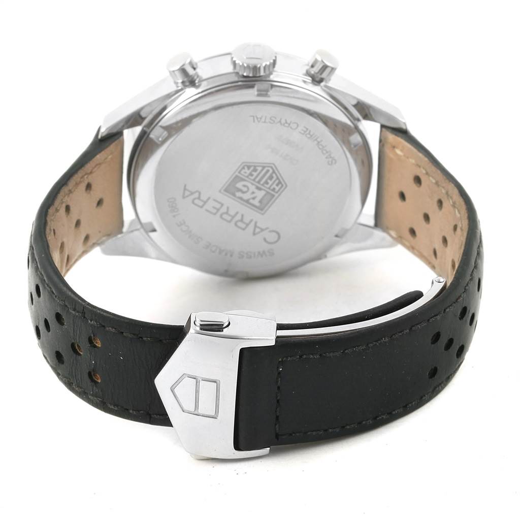 The image shows the back case and leather strap, including the clasp, of a Tag Heuer Carrera CV2113.FC6180 Men
s Stainless Steel Black Dial CV2113.FC6180 Men
s Stainless Steel Black Dial model watch.