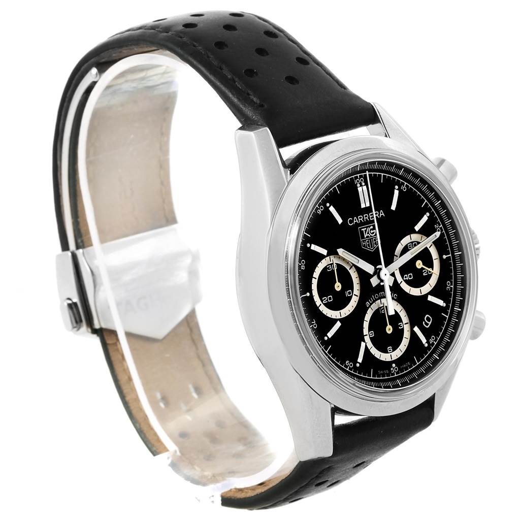 This image shows a side view of the Tag Heuer Carrera CV2113.FC6180 Men
s Stainless Steel Black Dial CV2113.FC6180 Men
s Stainless Steel Black Dial watch, highlighting its black leather strap and black dial with three subdials.