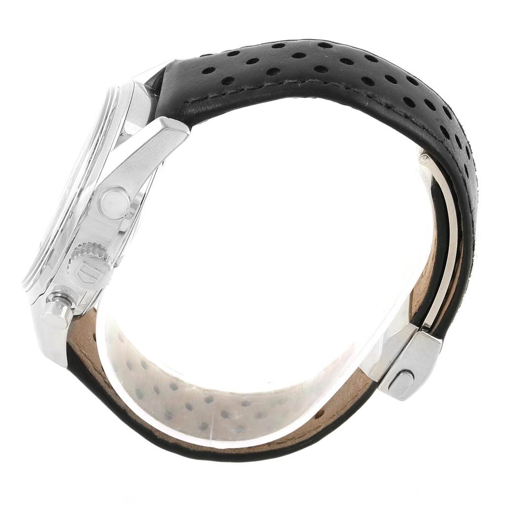 This image shows a side view of a Tag Heuer Carrera CV2113.FC6180 Men
s Stainless Steel Black Dial CV2113.FC6180 Men
s Stainless Steel Black Dial watch, highlighting the crown, case, and perforated leather strap.