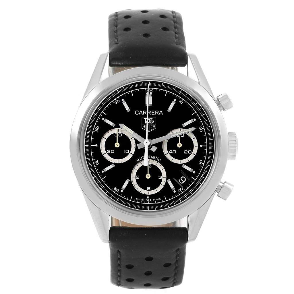 The image shows a front view of a Tag Heuer Carrera CV2113.FC6180 Men
s Stainless Steel Black Dial CV2113.FC6180 Men
s Stainless Steel Black Dial model watch with a black dial and perforated leather strap.