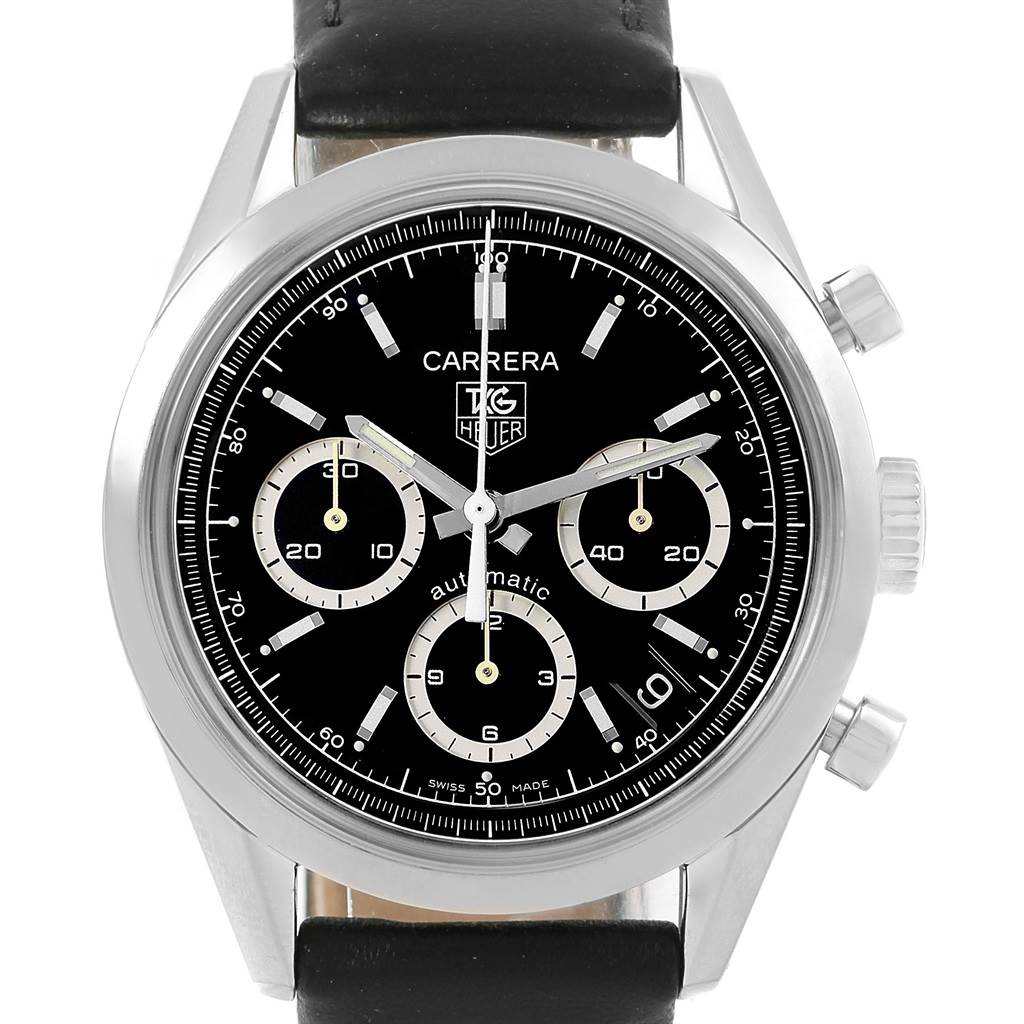 This image shows a front view of the Tag Heuer Carrera CV2113.FC6180 Men
s Stainless Steel Black Dial CV2113.FC6180 Men
s Stainless Steel Black Dial watch, displaying its black dial, chronograph subdials, and silver case with a black leather strap.