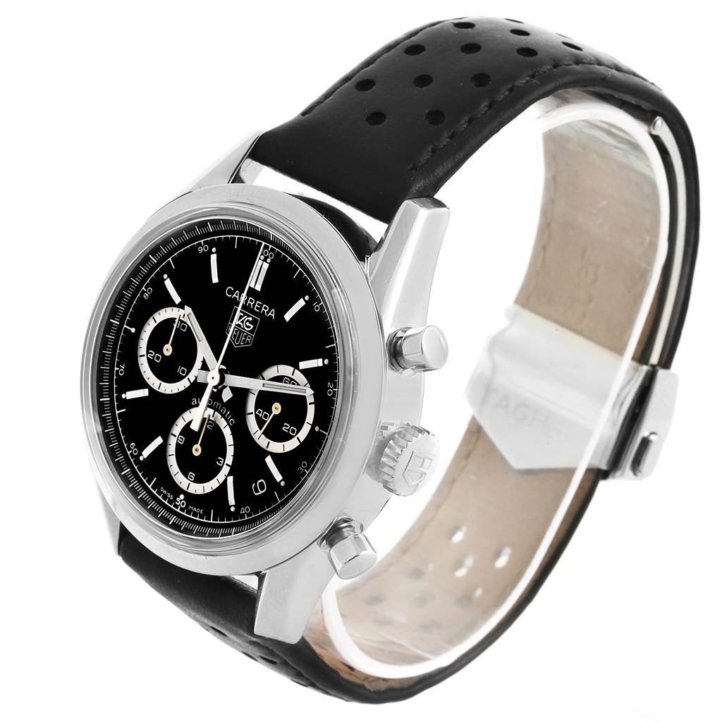 The Tag Heuer Carrera CV2113.FC6180 Men
s Stainless Steel Black Dial CV2113.FC6180 Men
s Stainless Steel Black Dial watch is shown at an angled front view, displaying its black dial, chronograph sub-dials, and black leather strap.