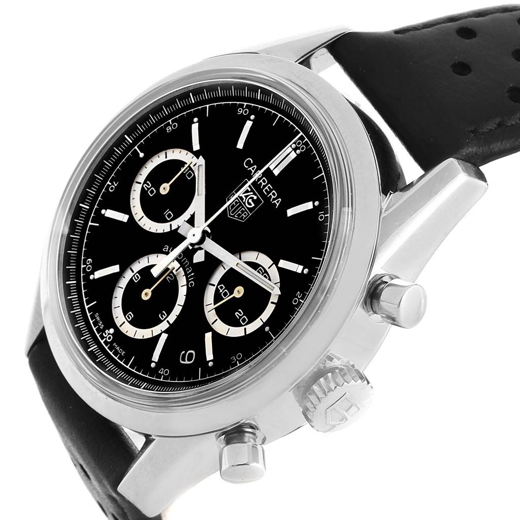 The image shows a side view of the Tag Heuer Carrera CV2113.FC6180 Men
s Stainless Steel Black Dial CV2113.FC6180 Men
s Stainless Steel Black Dial watch, highlighting the dial, crown, pushers, and part of the strap.