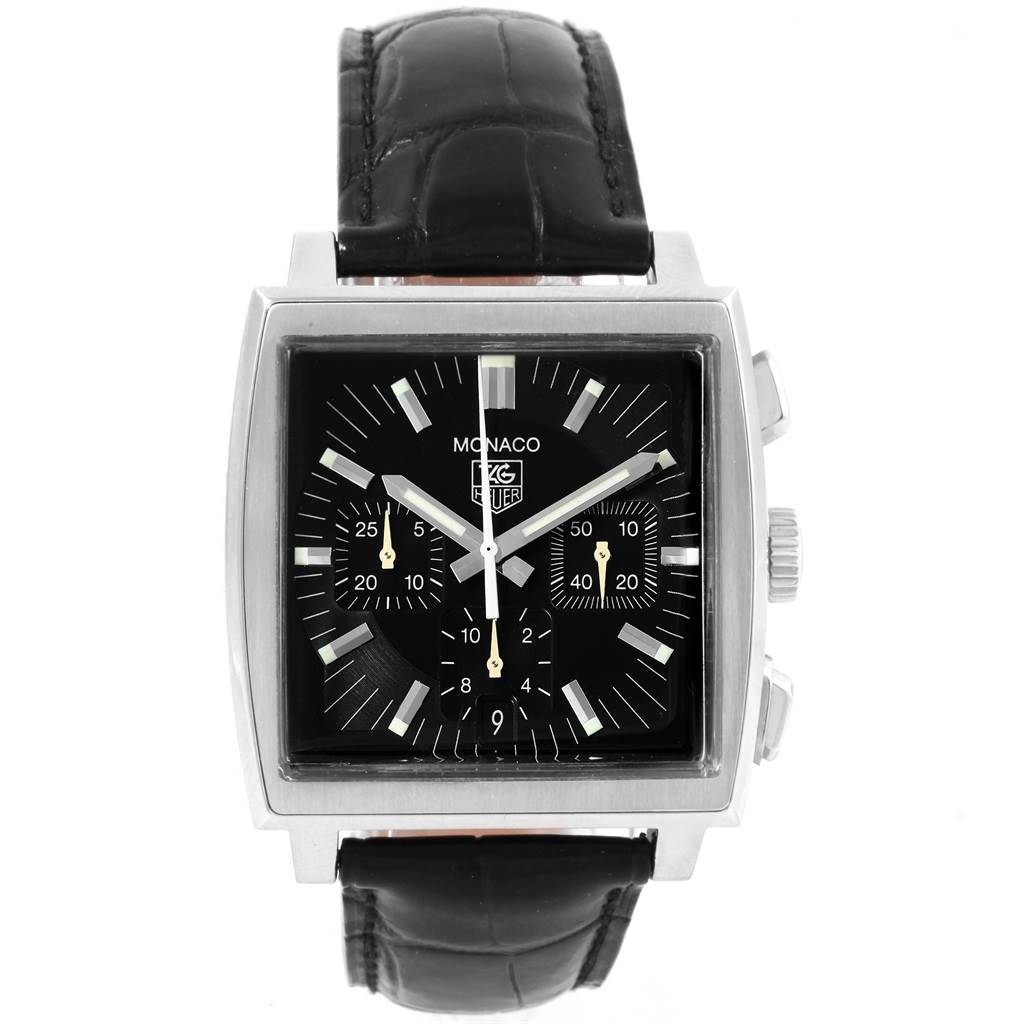 The image shows a front view of a Tag Heuer Monaco CW2111 Men's Stainless Steel Black Dial CW2111 Men's Stainless Steel Black Dial watch featuring its square face and black leather strap.
