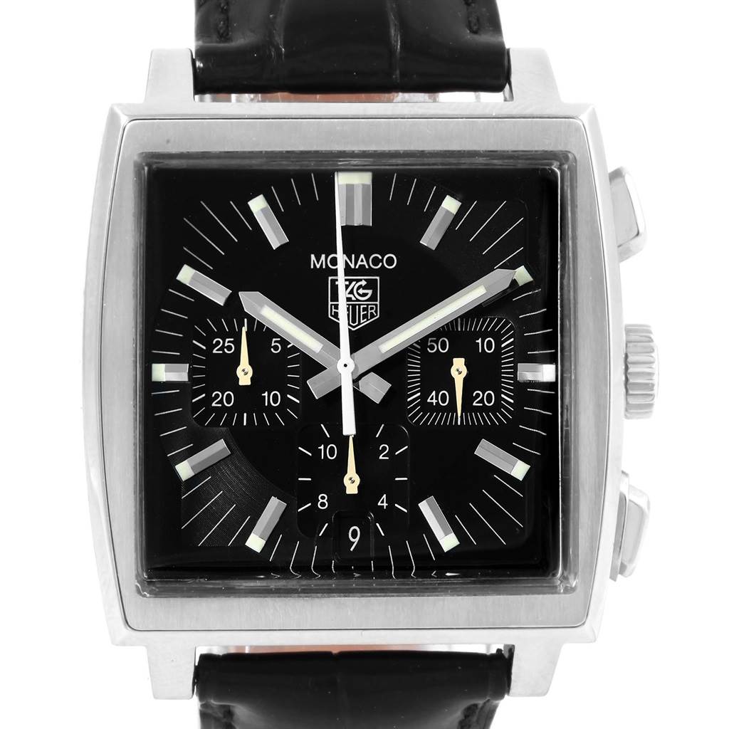 The Tag Heuer Monaco CW2111 Men's Stainless Steel Black Dial CW2111 Men's Stainless Steel Black Dial watch is shown from a front angle, displaying its face, hands, subdials, and part of the strap.