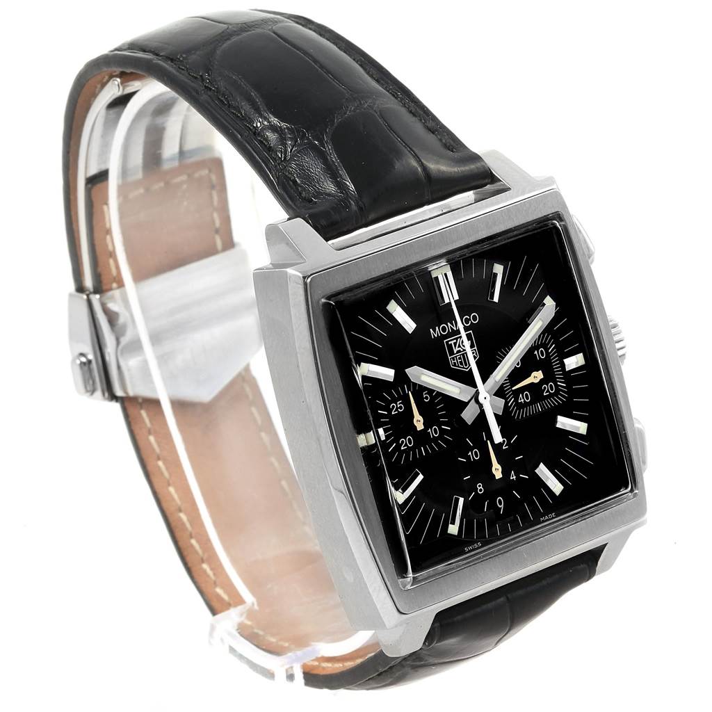 The image shows a Tag Heuer Monaco CW2111 Men's Stainless Steel Black Dial CW2111 Men's Stainless Steel Black Dial watch at a slight angle, highlighting its square face, black dial, and black leather strap.