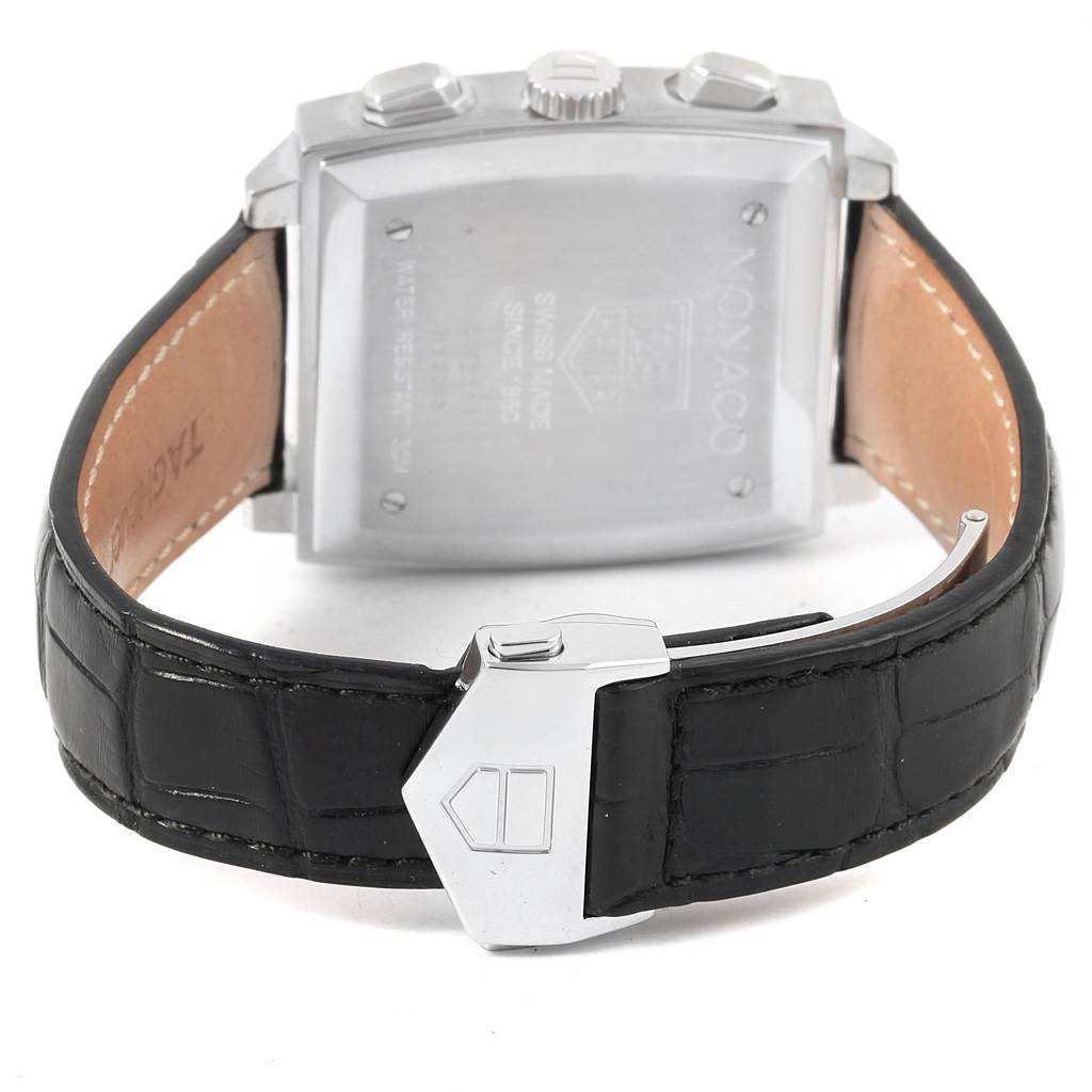 The image shows the back and leather strap of a Tag Heuer Monaco CW2111 Men's Stainless Steel Black Dial CW2111 Men's Stainless Steel Black Dial watch, highlighting the clasp and case back.