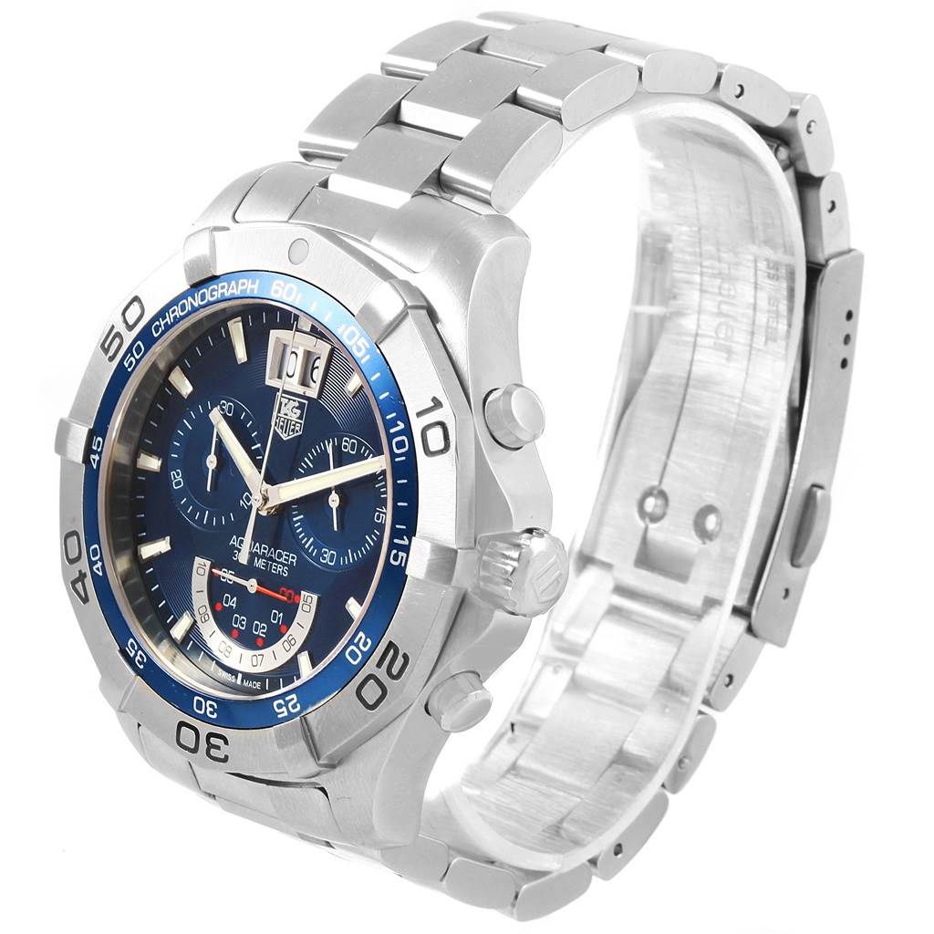 The image shows a Tag Heuer Aquaracer CAF101C.BA0821 Men's Stainless Steel Blue Dial CAF101C.BA0821 Men's Stainless Steel Blue Dial watch at a three-quarter front angle, highlighting its face, bezel, and stainless steel bracelet.