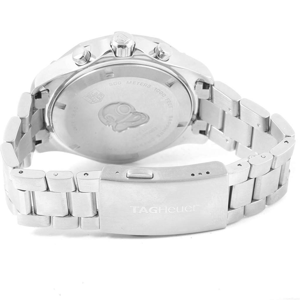 The image shows the Tag Heuer Aquaracer CAF101C.BA0821 Men's Stainless Steel Blue Dial CAF101C.BA0821 Men's Stainless Steel Blue Dial watch from a rear angle, highlighting the case back, bracelet, and clasp.