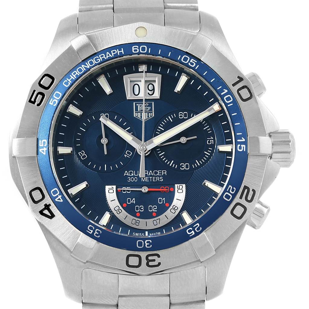 The image shows a front view of the Tag Heuer Aquaracer CAF101C.BA0821 Men's Stainless Steel Blue Dial CAF101C.BA0821 Men's Stainless Steel Blue Dial watch, displaying its dial, bezel, subdials, and bracelet.
