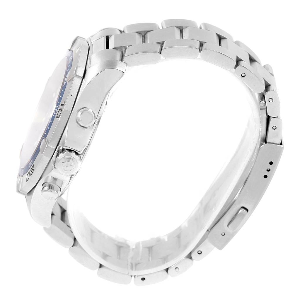 The image shows a side profile of the Tag Heuer Aquaracer CAF101C.BA0821 Men's Stainless Steel Blue Dial CAF101C.BA0821 Men's Stainless Steel Blue Dial watch, focusing on the case, crown, and metal bracelet.