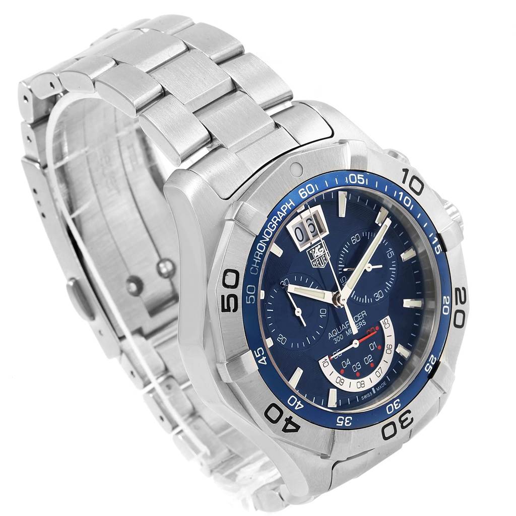 The Tag Heuer Aquaracer CAF101C.BA0821 Men's Stainless Steel Blue Dial CAF101C.BA0821 Men's Stainless Steel Blue Dial watch is shown from an angled view featuring its blue dial, stainless steel bracelet, and chrono function.