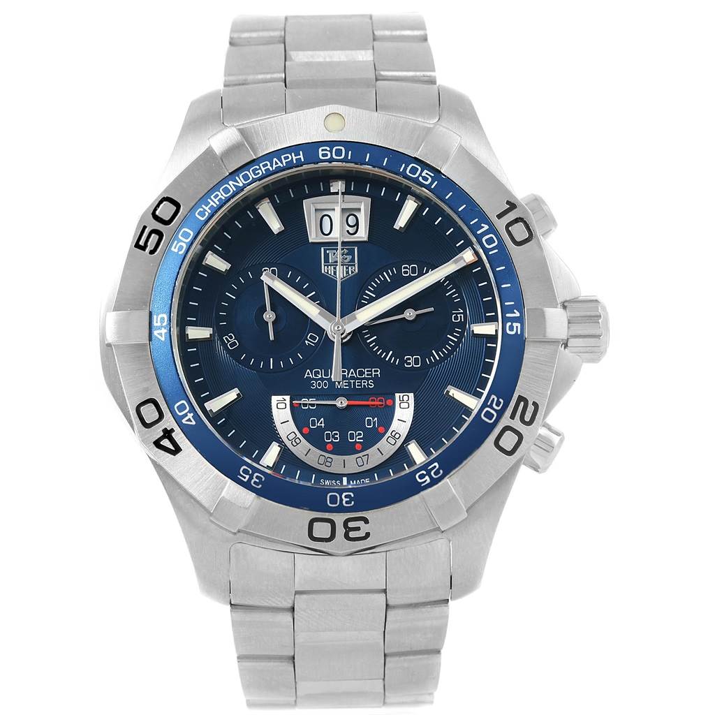 The image shows a Tag Heuer Aquaracer CAF101C.BA0821 Men's Stainless Steel Blue Dial CAF101C.BA0821 Men's Stainless Steel Blue Dial watch from a front angle highlighting the dial, bezel, and bracelet.